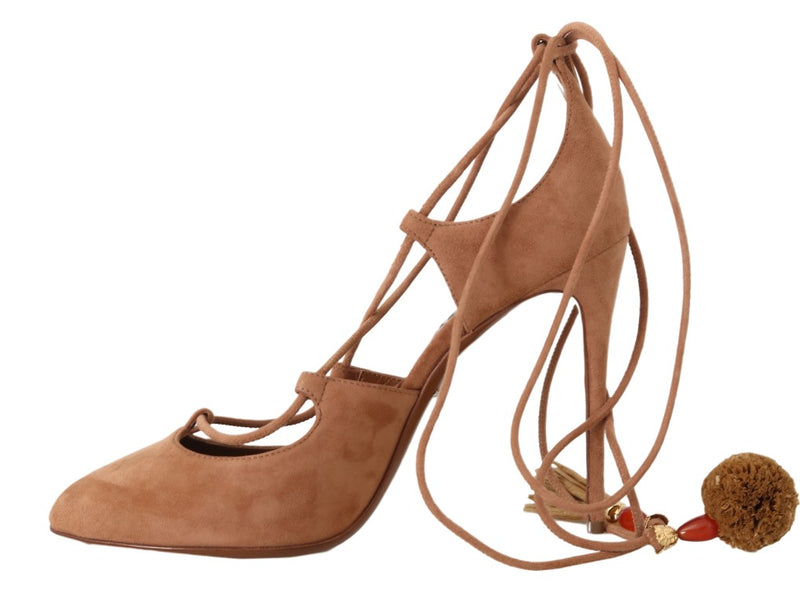 Beige Suede Tassel Ankle Strap Pumps