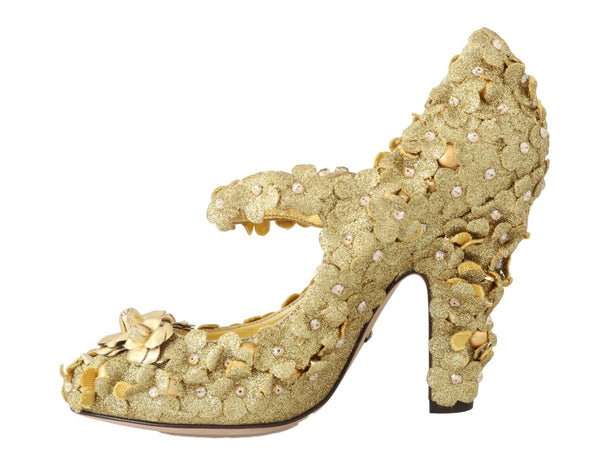 Gold Floral Crystal Mary Janes Pumps