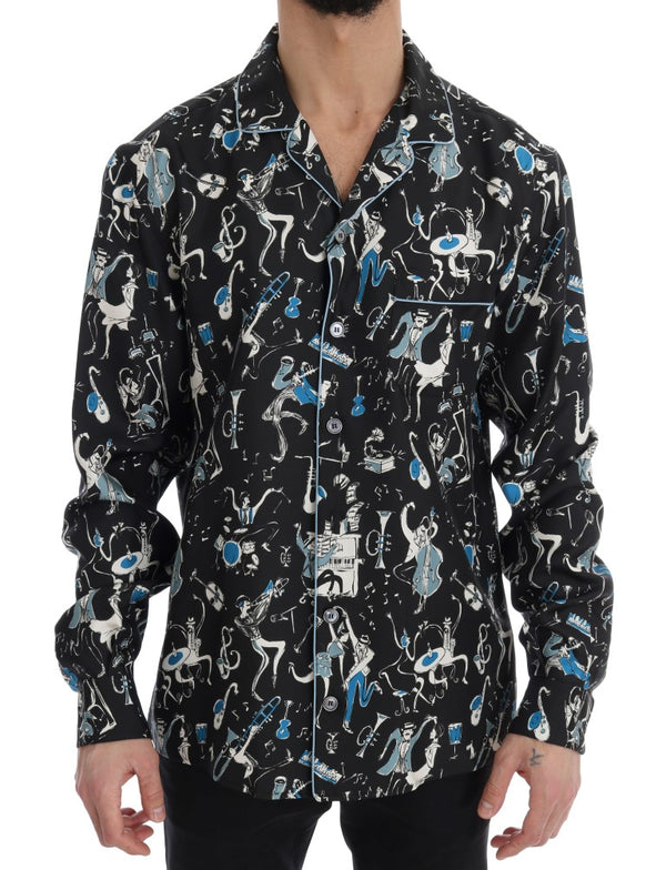 Black Silk JAZZ Motive Print Casual Shirt