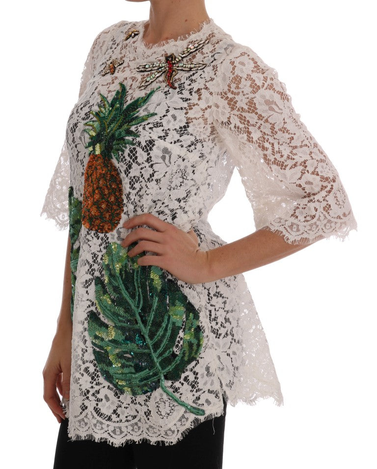 White Crystal Embellished Lace Blouse