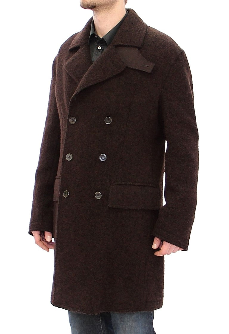 Brown Double Breasted Long Peacoat Jacket