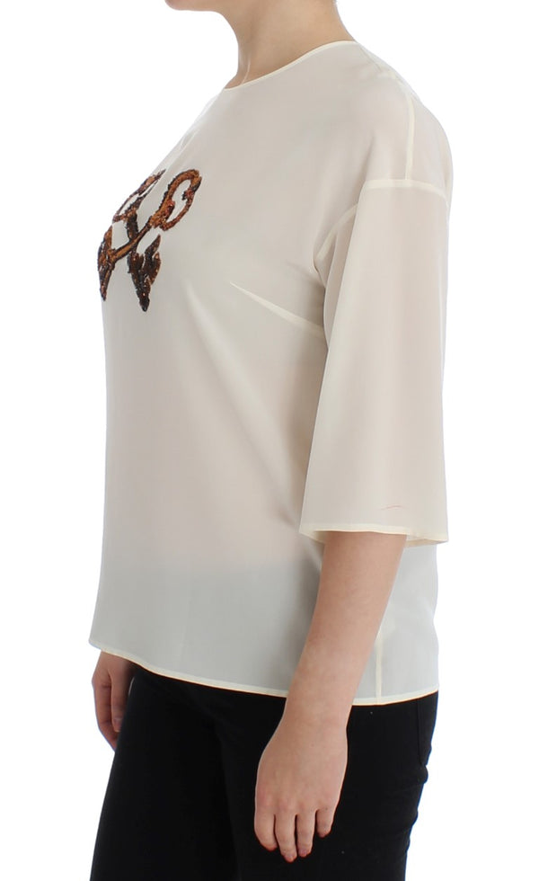 White Sequined Key Silk Blouse T-shirt Top