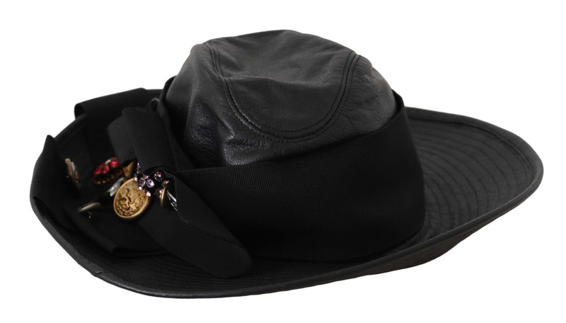 Black Leather Wide Brim DG Coin Crystal Hat