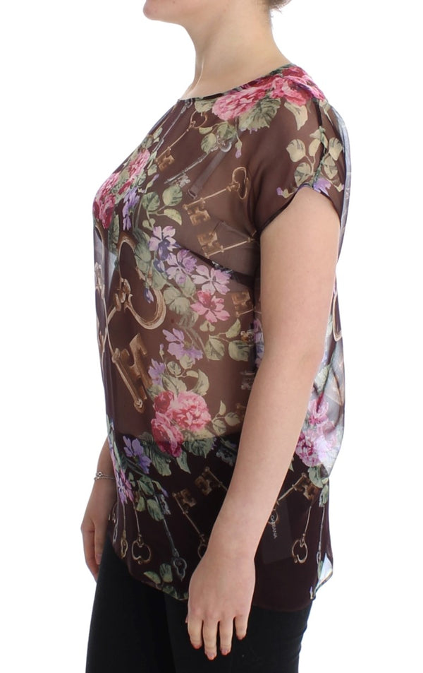 Black Key Floral Print Silk Blouse T-shirt