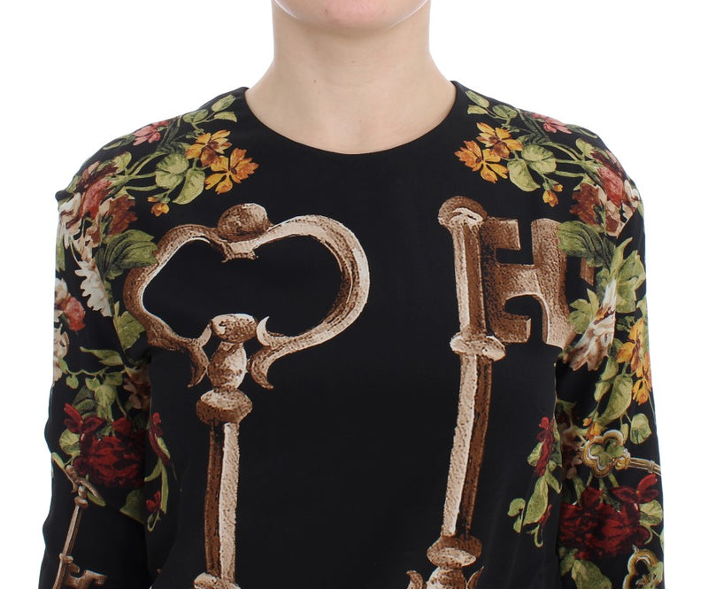 Black Key Floral Print Silk Blouse Top