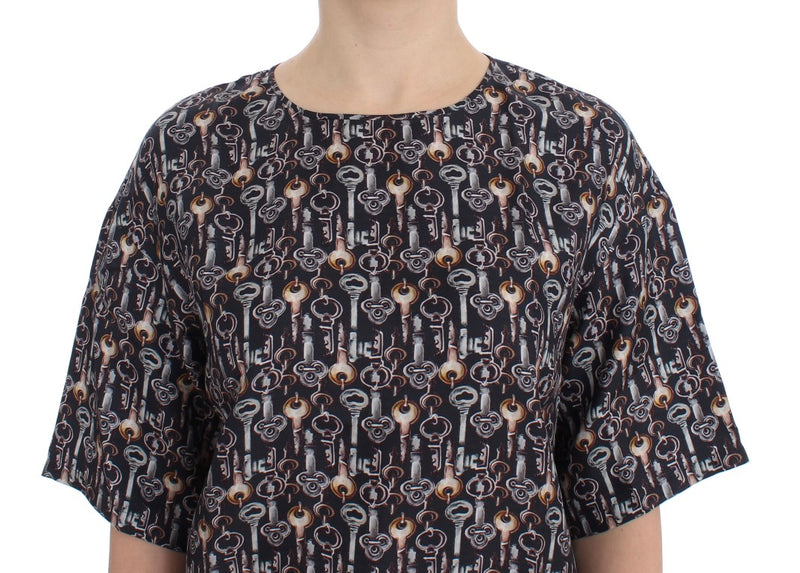 Gray Gold Key Print Silk Blouse T-shirt