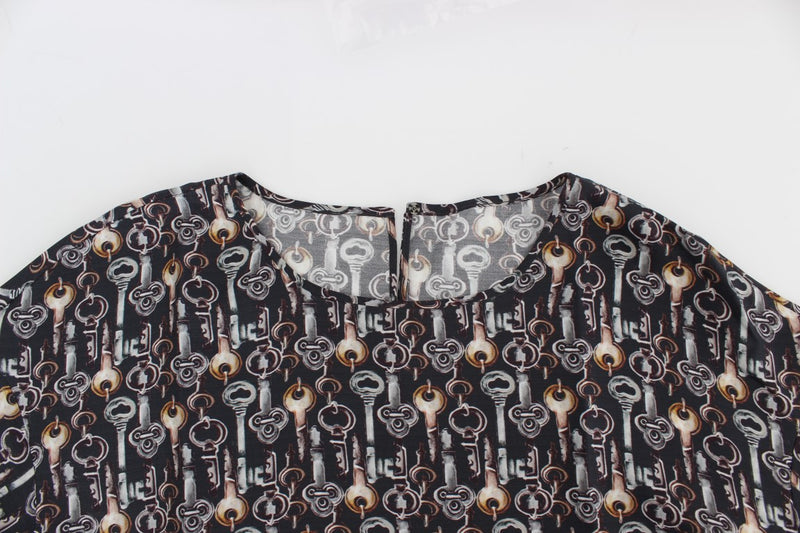 Gray Gold Key Print Silk Blouse T-shirt