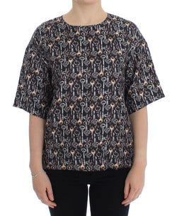 Gray Gold Key Print Silk Blouse T-shirt