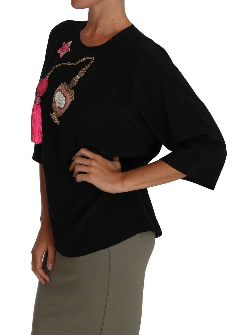 Black Silk Fairy Tale Top Crystal Blouse T-shirt