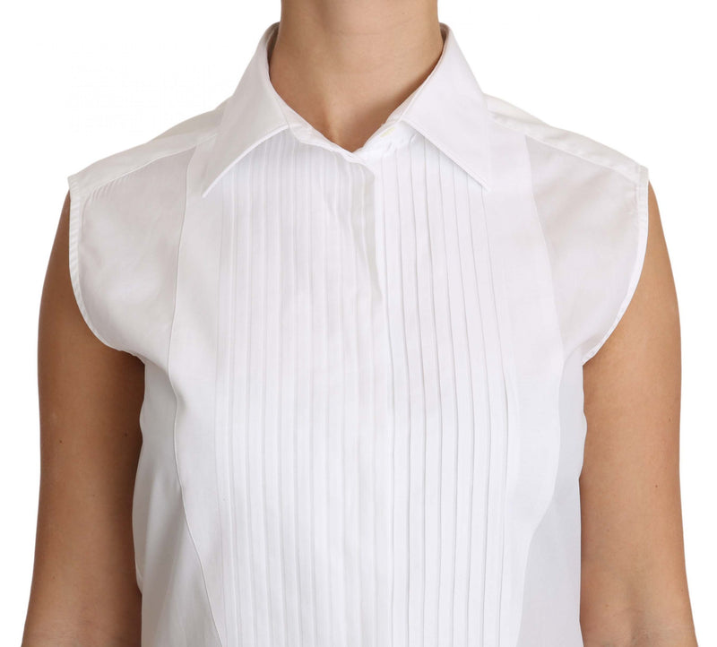 White Cotton Collar Down Sleeveless Blouse Shirt