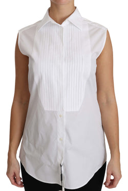 White Cotton Collar Down Sleeveless Blouse Shirt