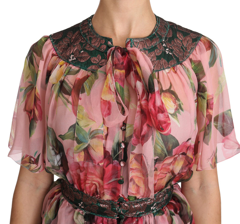 Floral Print Silk Shirt With Pussy Bow Rose