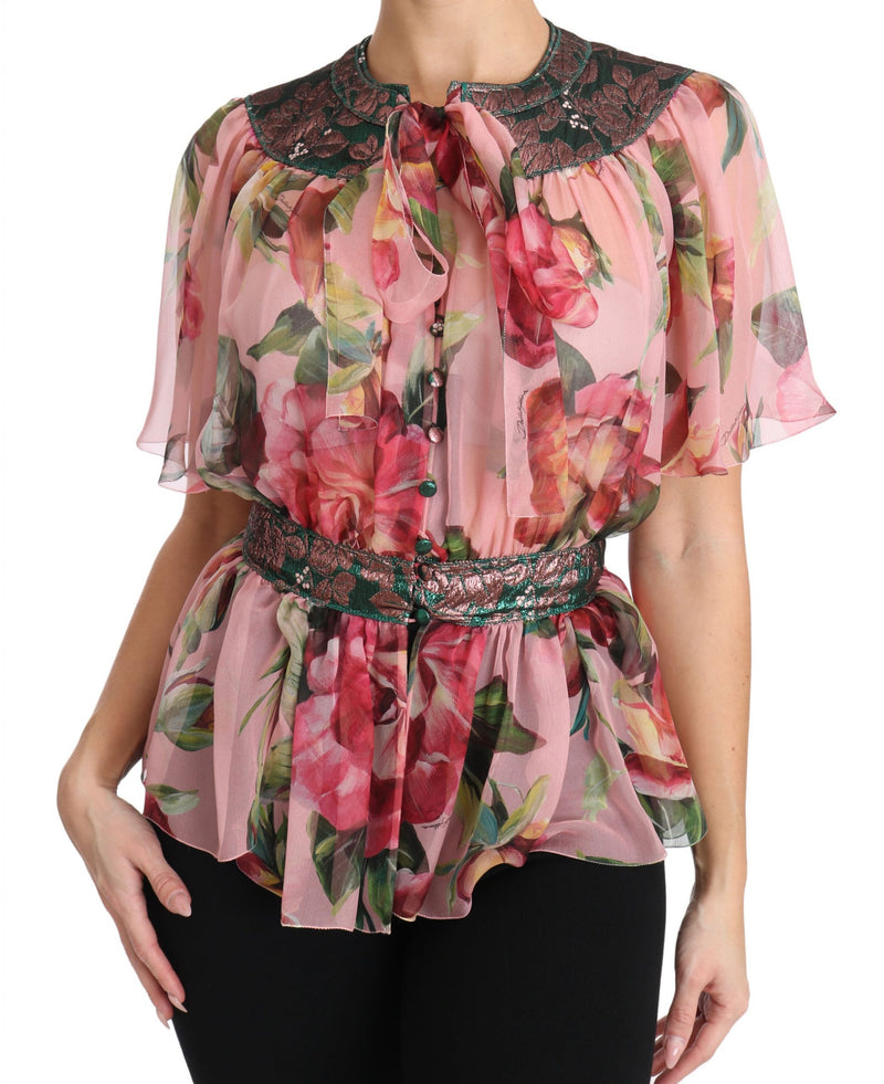 Floral Print Silk Shirt With Pussy Bow Rose