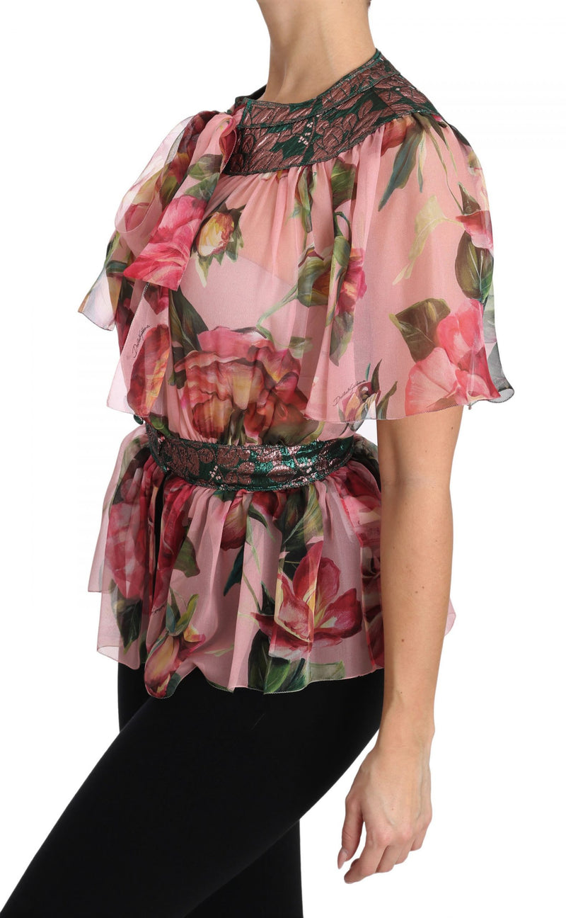 Floral Print Silk Shirt With Pussy Bow Rose