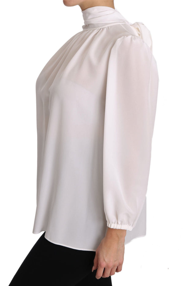 White Silk Blouse Pussybow Solid  Longsleeve Top