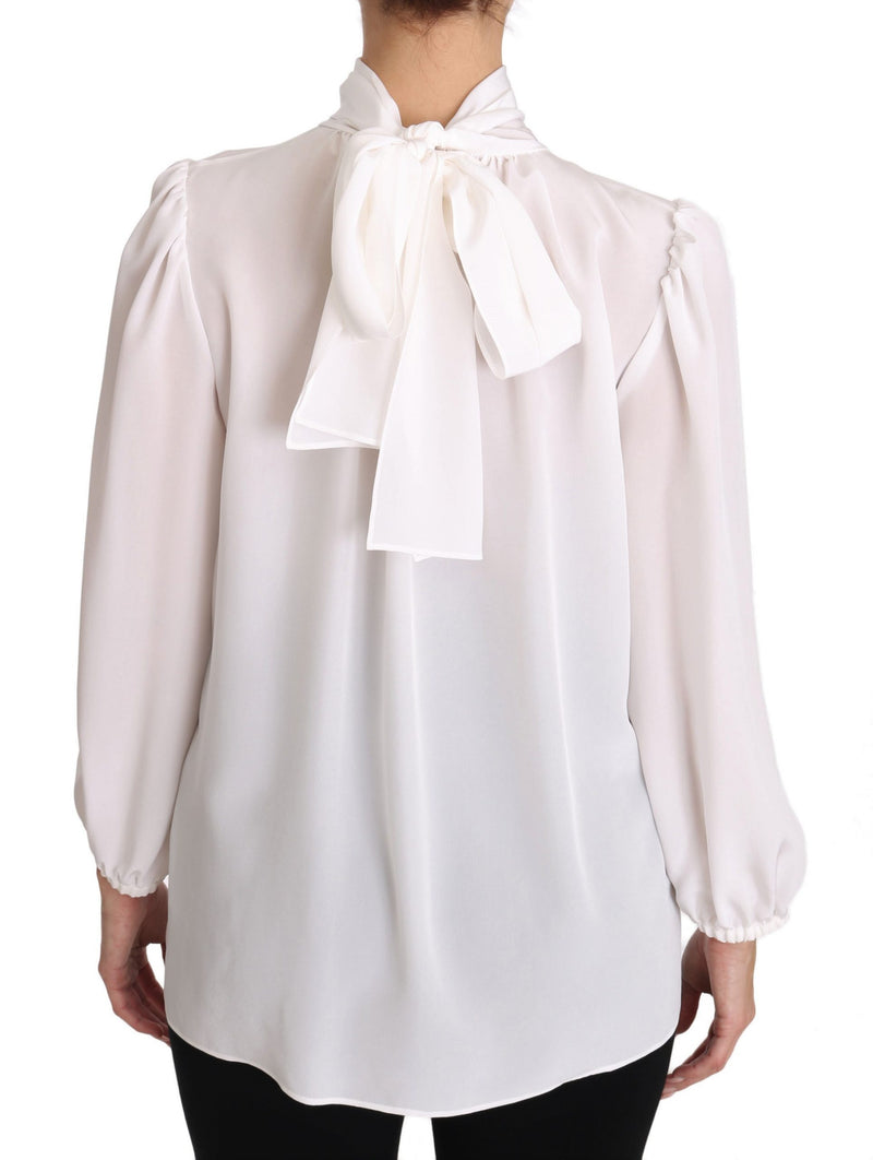 White Silk Blouse Pussybow Solid  Longsleeve Top