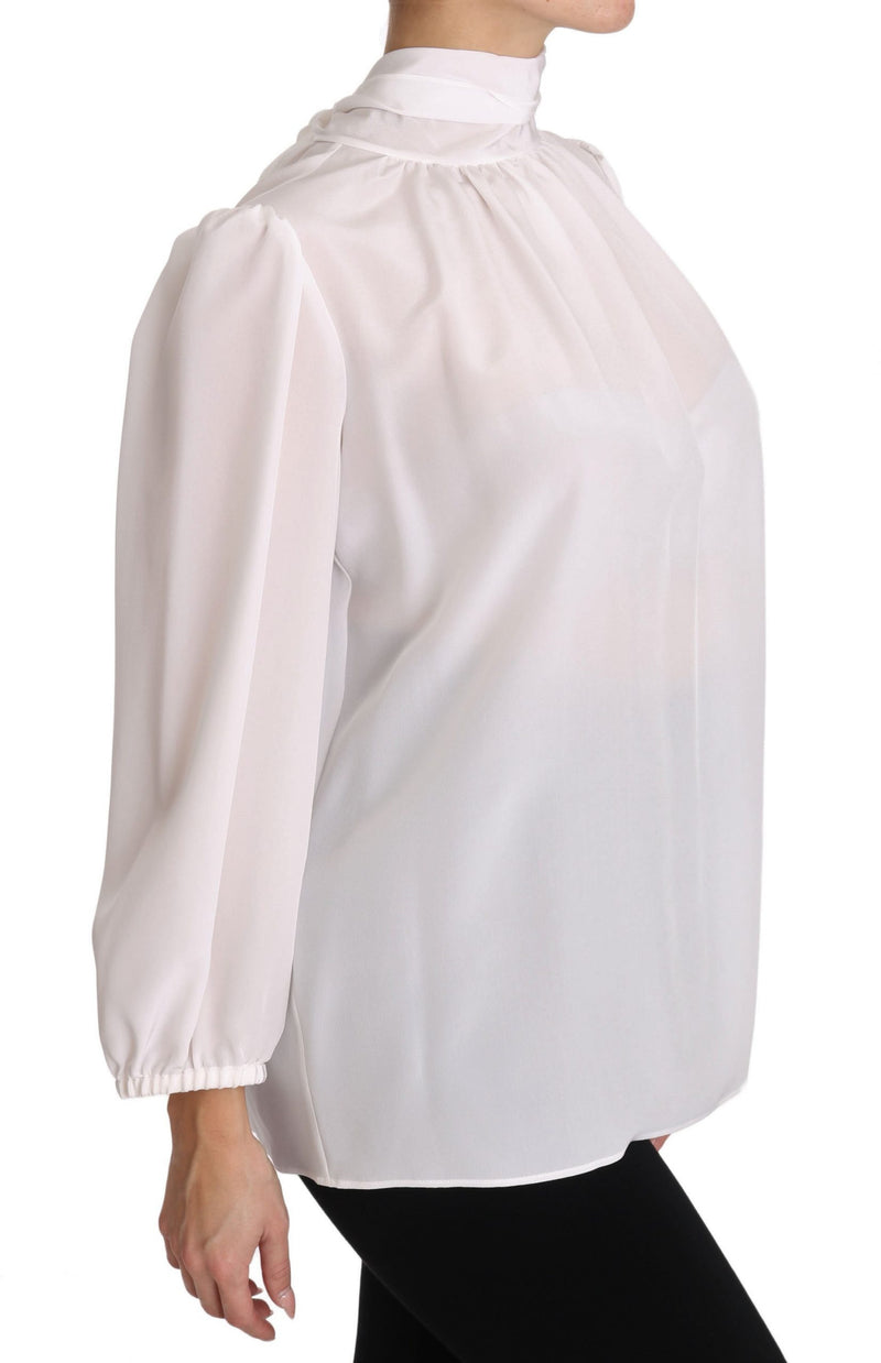 White Silk Blouse Pussybow Solid  Longsleeve Top