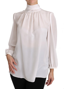 White Silk Blouse Pussybow Solid  Longsleeve Top