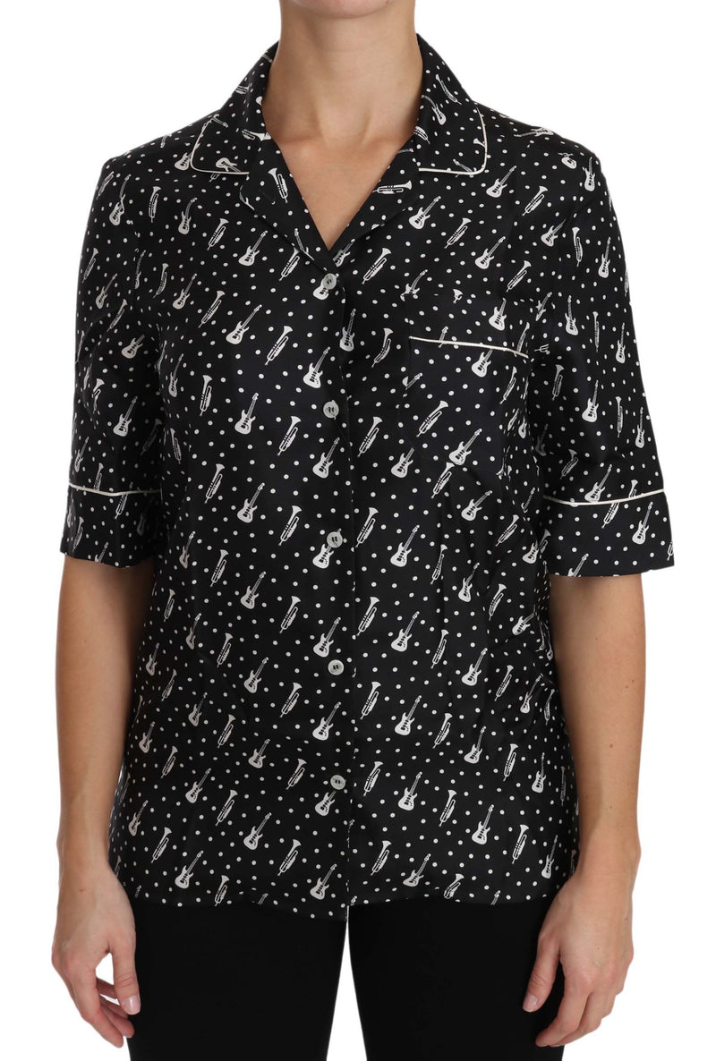 Black Guitar & Trumpet Print Silk Shirt Top