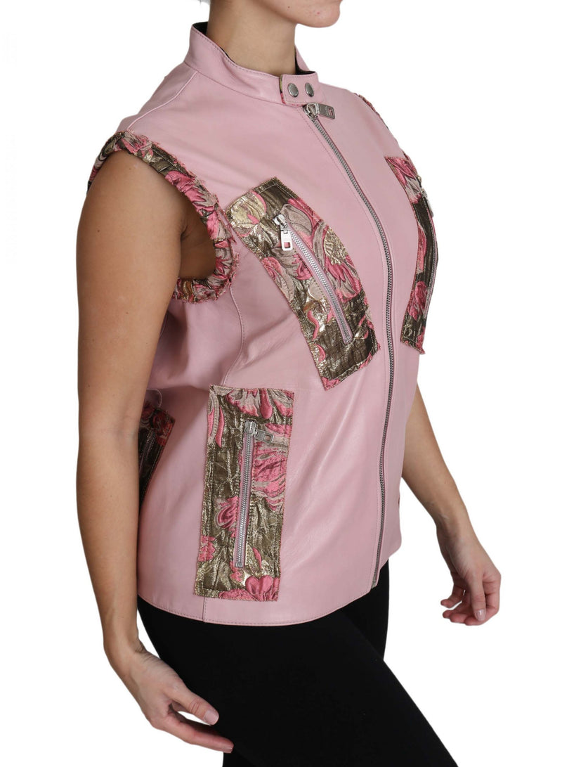 Pink Zippered Lamb Sleeveless Vest Leather Jacket