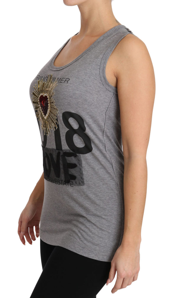 Gray Tank Top Crystal Sequined Heart  T-shirt