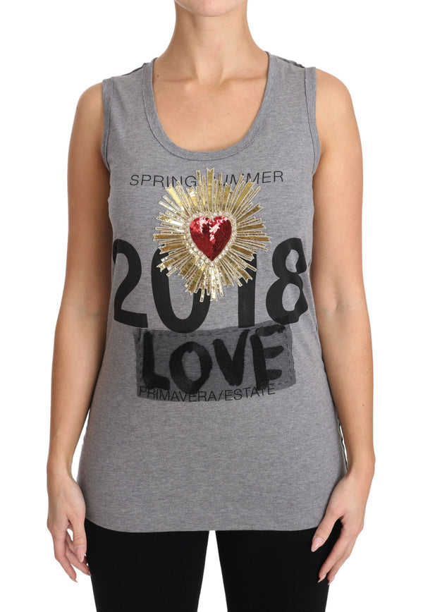 Gray Tank Top Crystal Sequined Heart  T-shirt