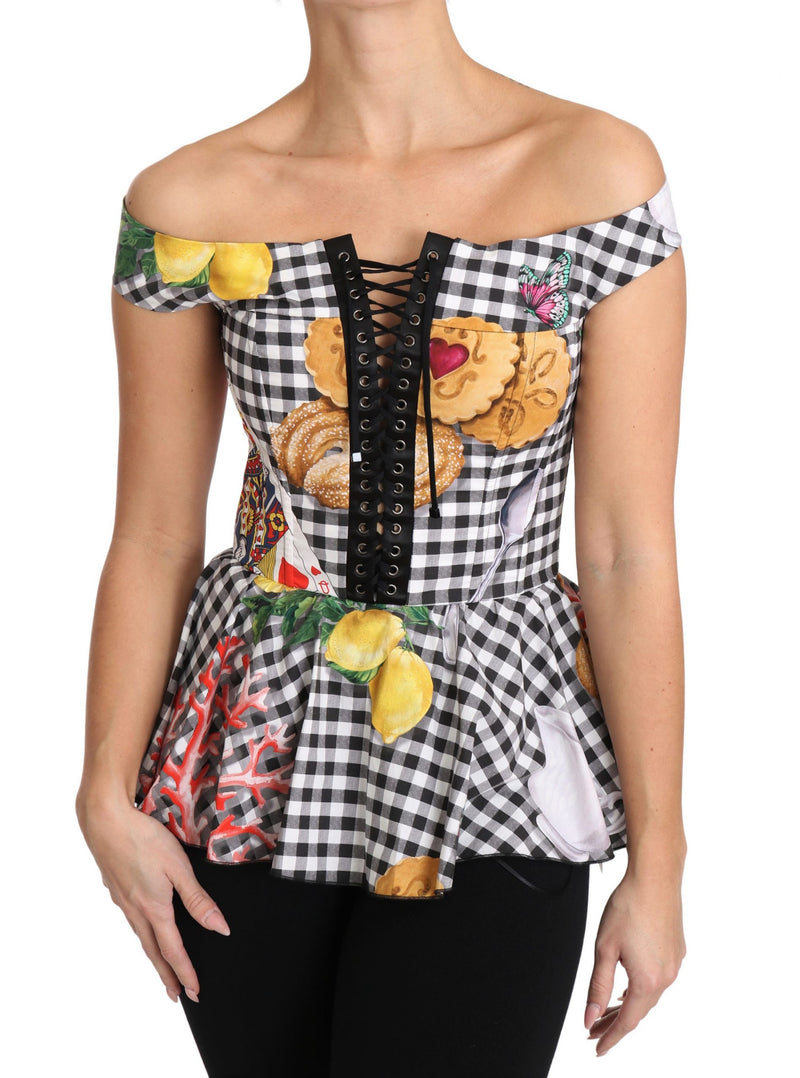 Black and White Corset Blouse Sicily Lemon Check Top