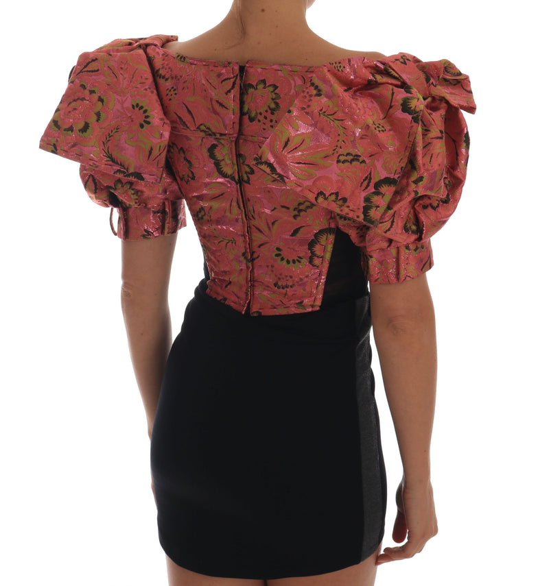 Pink Puff Sleeve  Brocade Cropped Top