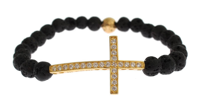 Lava Stone Gold Clear CZ Cross 925 Silver Bracelet