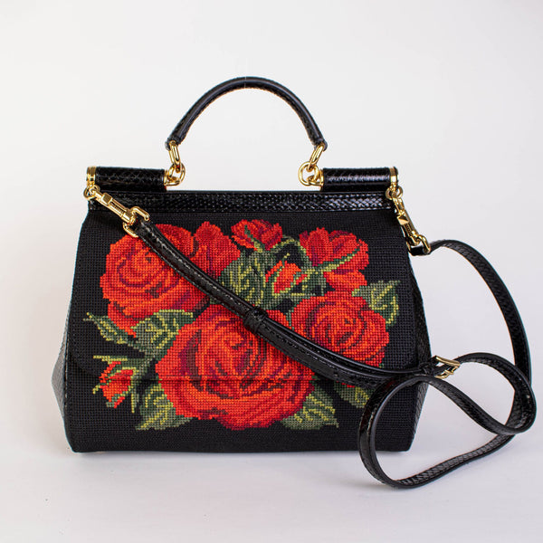Black Leather Roses Cross Stitch Handbag