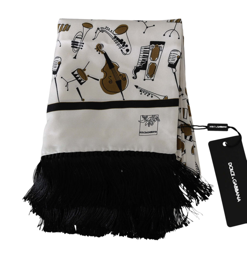 White, Black Silk Musical Instrument Fringes Scarf