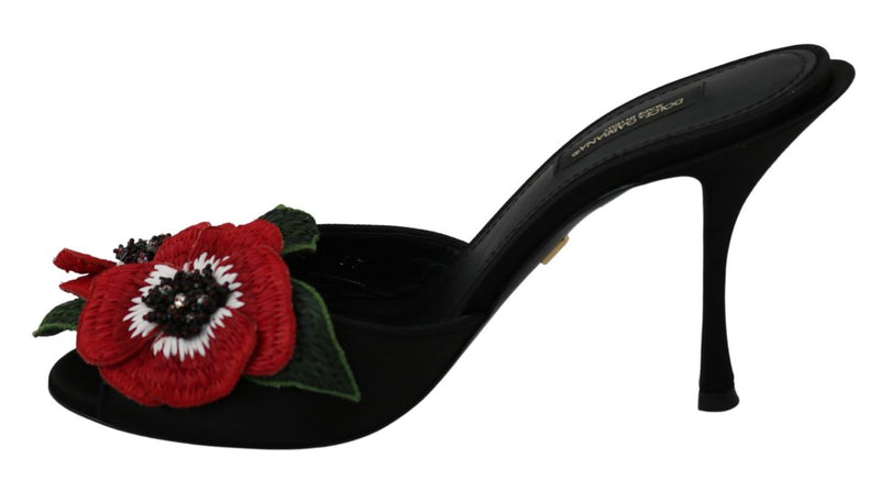 Black Red Roses Heels Slides Sandals