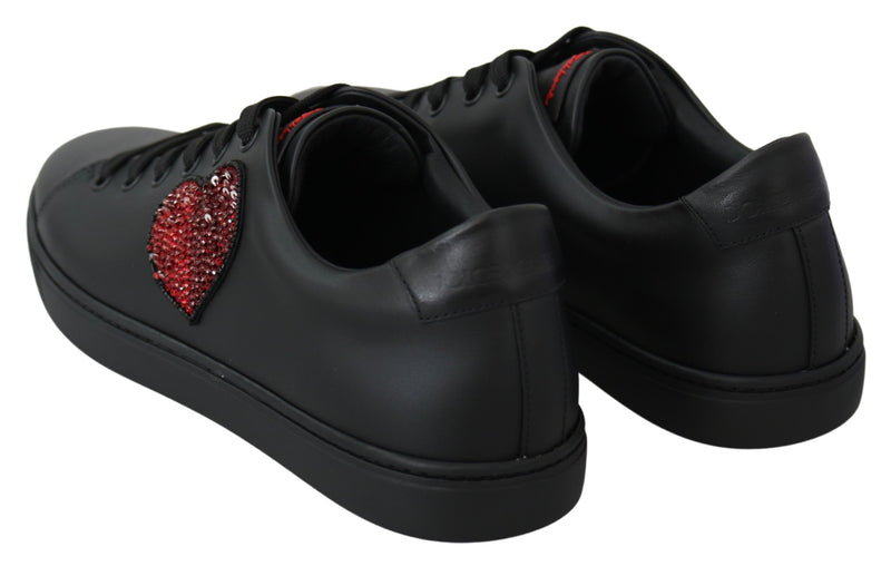 Black Leather Love Heart Sneakers Womens Shoes