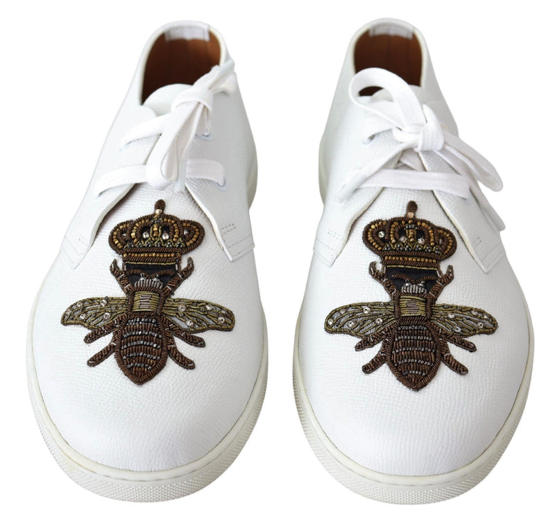 White Leather Bee Crown Loafers Sneakers  Shoes