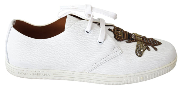 White Leather Bee Crown Loafers Sneakers  Shoes