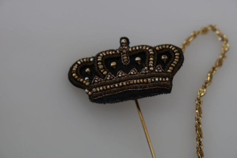 Gold Tone Brass Crown Studded Chain Pin Brooch