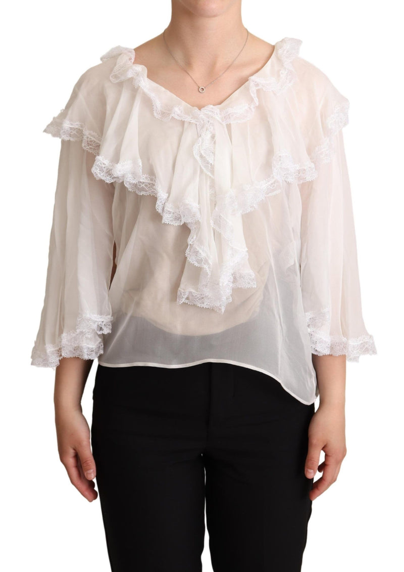 White Silk Long Sleeves Lace Blouse