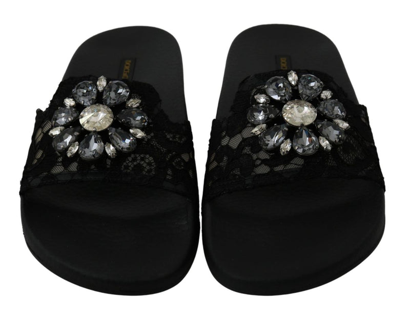 Black Lace Crystal Sandals Slides Beach Shoes