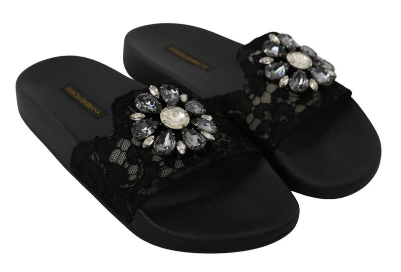 Black Lace Crystal Sandals Slides Beach Shoes