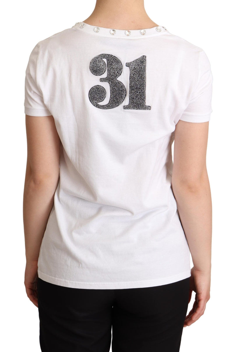 White Logo Print Embellished Top  T-shirt