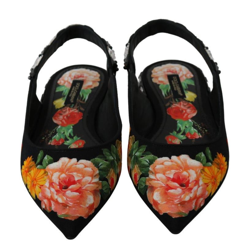 Black Floral Crystal Slingbacks Flats Shoes