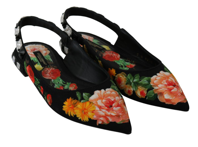 Black Floral Crystal Slingbacks Flats Shoes