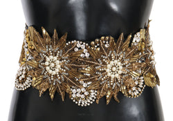 Floral Crystal Gold Pearl Wide Waist Belt