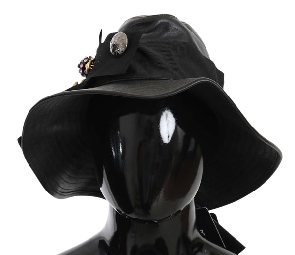 Black Leather DG Coin Crystal Wide Brim Hat