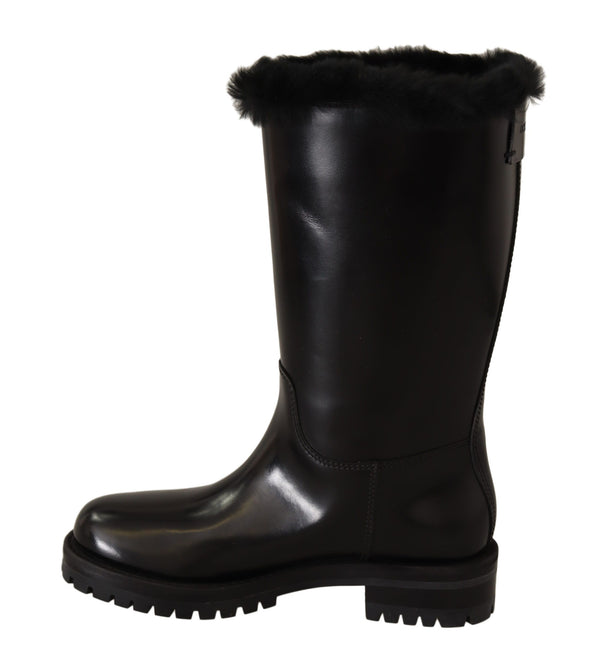 Black Leather Fur Logo Biker Boots Shoes