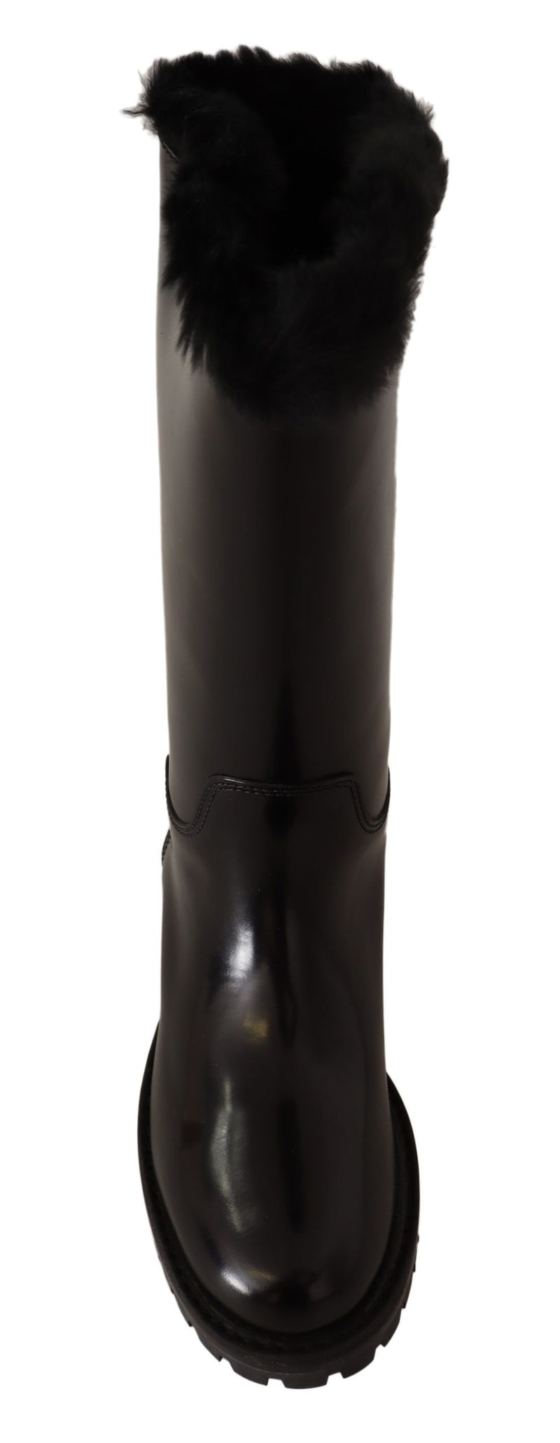 Black Leather Fur Logo Biker Boots Shoes