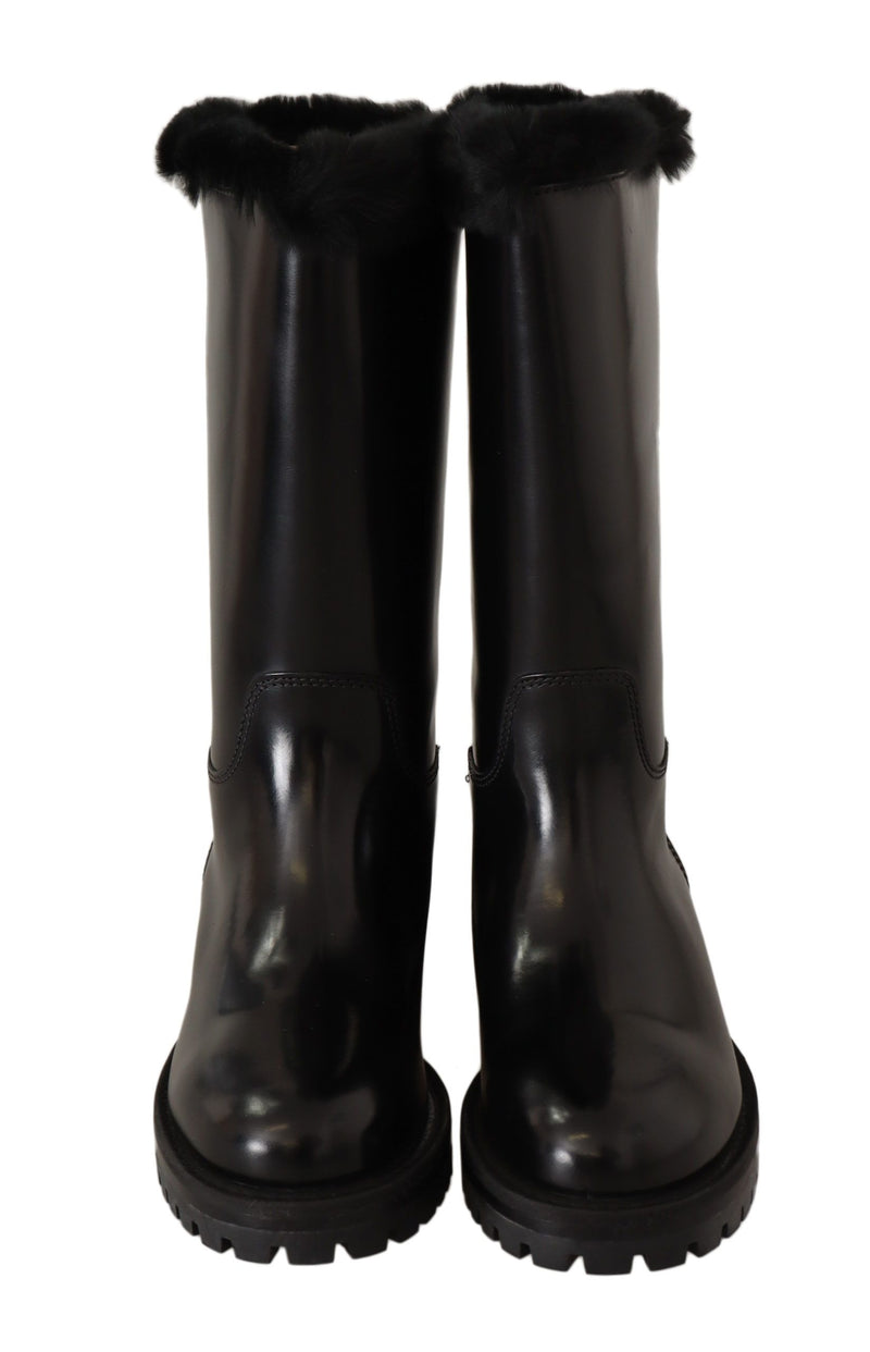 Black Leather Fur Logo Biker Boots Shoes