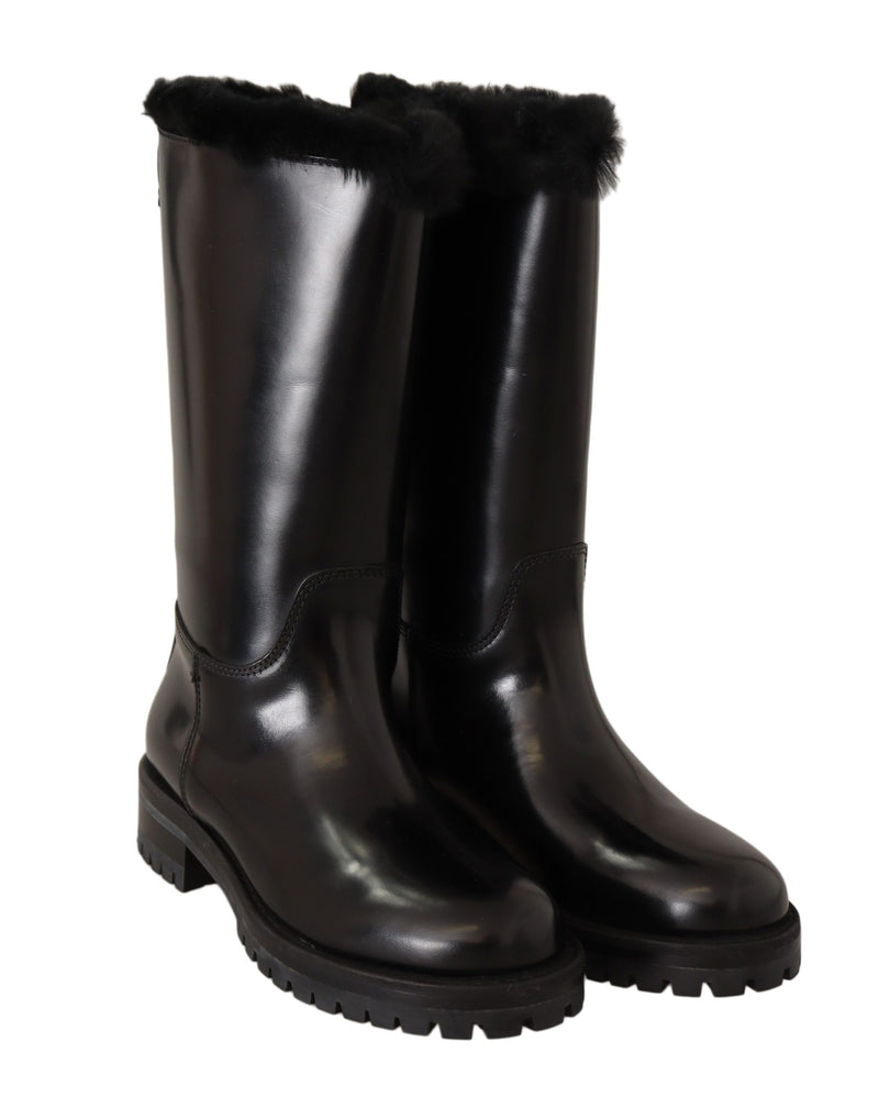 Black Leather Fur Logo Biker Boots Shoes