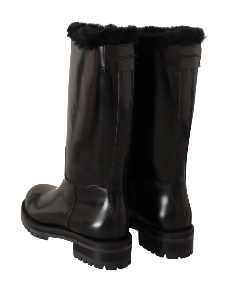 Black Leather Fur Logo Biker Boots Shoes