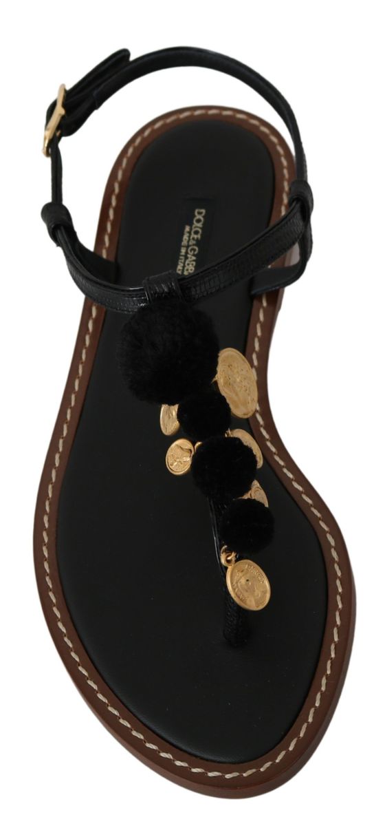 Black Leather Coins Flip Flops Sandals Shoes